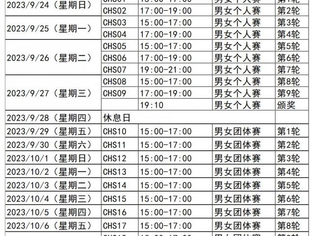 亚运会乒乓团体赛赛程